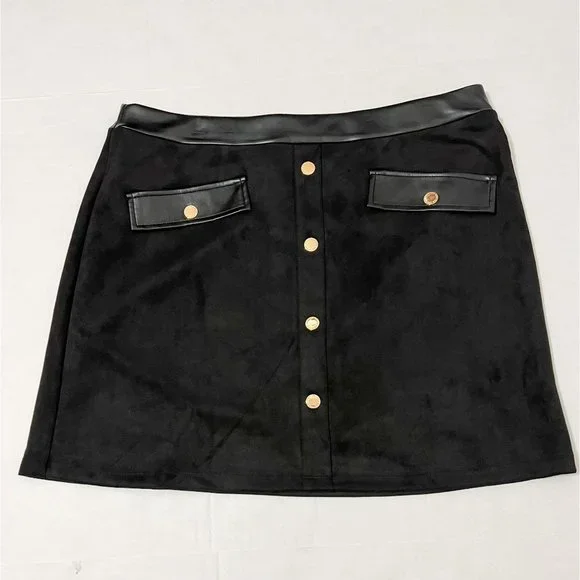 Andrew Marc NWT Sz XL Black  Faux Leather/Suede A-Line Pull On Skirt - Picture 5 of 9